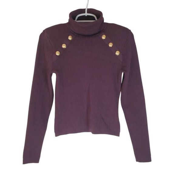 Express Novelty Button Long Sleeve Turtle Neck Pullover Sweater Burgundy Medium - Picture 2 of 14